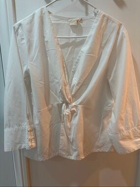 Reistor Madewell White V-Neck Tie Front Blouse 100% Organic Cotton Coastal Chic